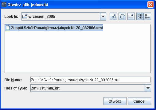 2. Wskazać katalog, w którym znajduje się plik: Uwaga: Szkoły i placówki wczytują pliki o rozszerzeniu - xml, jednostki samorządu terytorialnego wybierają rozszerzenie - jst, kuratoria oświaty - krt,