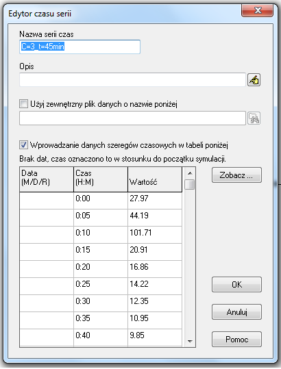 Istotnym elementem w programie SWMM są dane o opadach.