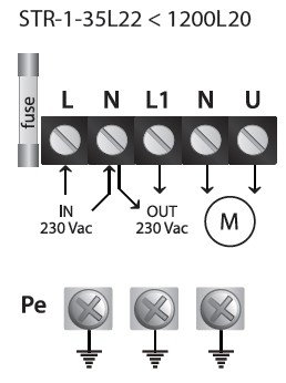 3.2 Schematy podłączenia elektrycznego: Modele STR L,N (IN) zasilanie regulatora 230 Vac Pe przewód ochronny L1,N (OUT) wyjście sygnalizujące włączenie regulatora 230 Vac