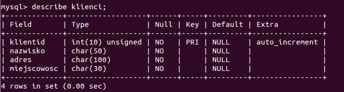 Tworzenie tabel bazy danych CREATE TABLE nazwa_tabeli(kolumny) np: create table klienci ( klientid int unsigned not null auto_increment primary key, ); nazwisko char(50)