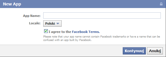 5. Wpisujemy nazwę aplikacji, zgadzamy się na warunki FB i tworzymy aplikację: 6. Poprawnie wpisujemy kod z mechanizmu zabezpieczającego. 7.