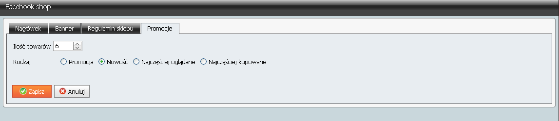 Promocje Zakładka Promocje służy do zdefiniowania rodzaju towarów, jakie mają wyświetlać się na stronie głównej Facebook shop w pluginie Promocje.