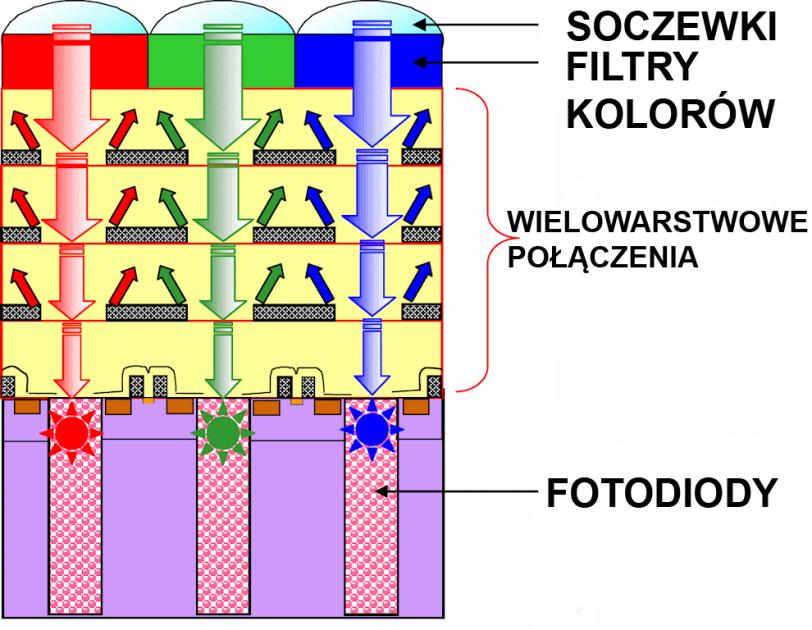 Nad każdym pikselem znajduje się pojedynczy filtr czerwony (R) zielony (G) lub