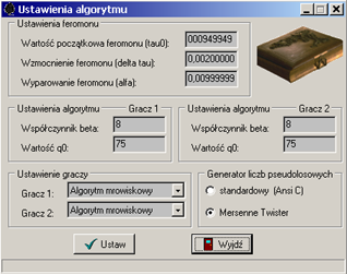 Teoria gier w ujciu systemów mrowiskowych 50 Ustawienia algorytmu. Ustawienia programu s2 dostpne z menu Opcje. Okno ustawieg ma postaf jak na rys.13. Rys. 13. Okno ustawie? algorytmu. Uytkownik moe w nim dokonaf wyboru parametrów zastosowanego algorytmu mrowiskowego.