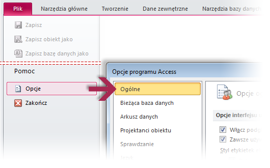 Gdzie jest Podgląd wydruku? W programie Access 2010 Podgląd wydruku można znaleźd w widoku Backstage, obok innych przydatnych ustawieo dotyczących drukowania.