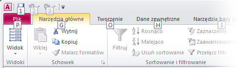 Nowość: porady dotyczące klawiszy W programie Access 2010 są dostępne skróty klawiaturowe dla wstążki, nazywane poradami dotyczącymi klawiszy, które pozwalają szybko wykonywad zadania bez użycia