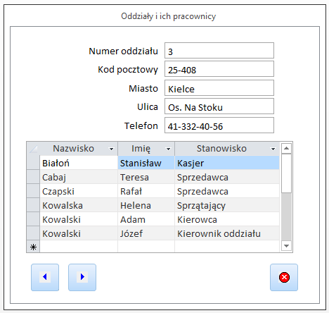 2. Utworzyć, za pomocą kreatora, formularz Oddziały i ich pracownicy, wyświetlający dla każdego oddziału listę jego pracowników z wyszczególnieniem zajmowanych przez nich stanowisk (por. rys. 2). Rys.