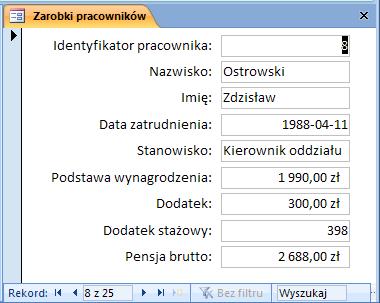 Nie, Usuwanie dozwolone Nie, Dodawanie dozwolone Nie. Zmienić wygląd podformularza Oddziały i ich pracownicy - podformularz: usunąć przyciski nawigacyjne i zostawić tylko pionowy pasek przewijania.