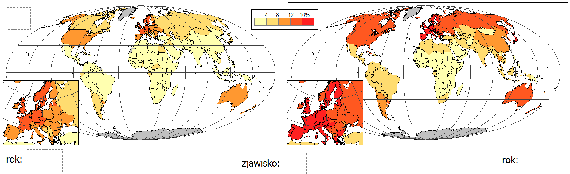 -1/5- Zadanie 9. Na poniższych mapach przedstawiono pewne zjawisko w 1970 i 2012 r. Do prostokątów pod mapami wpisz odpowiedni rok (1970 lub 2012) oraz literę (A, B, C lub D) opisującą to zjawisko.