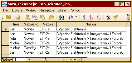 liście. Łapiąc myszką określone pola w poszczególnych tabelach i przeciągając, moŝemy tworzyć powiązania między tabelami. Mając zdefiniowane powiązania między tabelami moŝemy przygotować np.