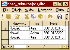 Przykład 2. Zamiast pełnej zawartości tabeli przygotujmy zapytanie które wyświetli tylko kolumny Nazwisko, Imię, Pesel: SELECT Nazwisko, Imie, Pesel FROM Kandydaci Rys.