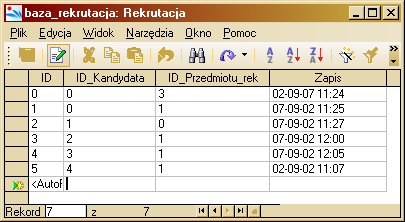 Rys. 14: Tabela przedmiotów rekrutacji (Mam nadzieję, Ŝe tym razem nie muszę juŝ przypominać o kluczu głównym w tej tabeli).