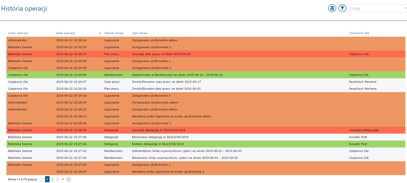 Uwaga: Historia operacji dostępna jest tylko na desktopie dla użytkowników, którym w schemacie uprawnień włączono opcję Aktywne.