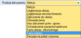 W celu dodania dokumentu ([F2]) otwiera się Karta dokumentu uprawniającego do świadczeń, w którym analogicznie jak przy potwierdzeniu uprawnień pacjenta do świadczeń, należy uzupełnić odpowiednie