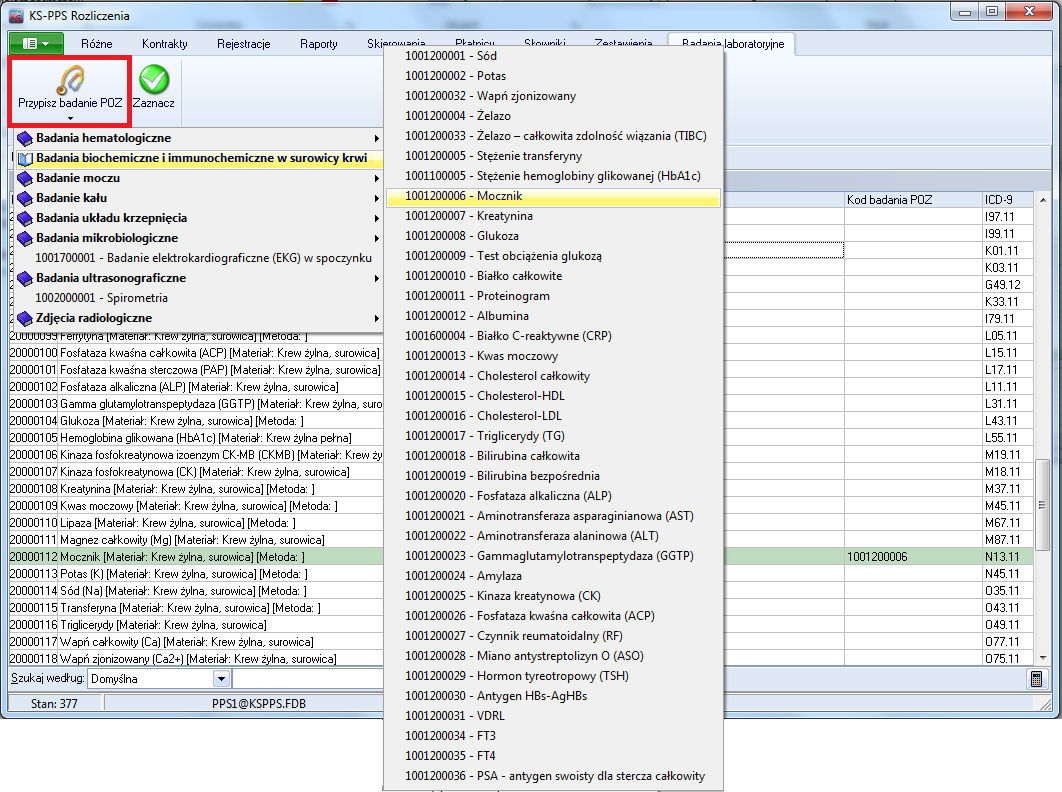 Lista badań może być ograniczona do kodów nadawanych z danego laboratorium OSOZ. Wybór badania/badań do powiązania następuje poprzez dwuklik kursorem lub funkcję [ctrl+spacja] Zaznacz.