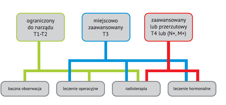 Schemat możliwych rodzajów terapii w zależności od stadium zaawansowania