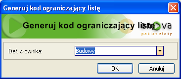 Typ wartości wprowadzanej cechy: Referencyjna, Tabela danych referencyjnych: ElemSlownikow Po uzupełnieniu danych należy wybrać Generuj kod ograniczający listę, wskazać definicje słownika, i na końcu