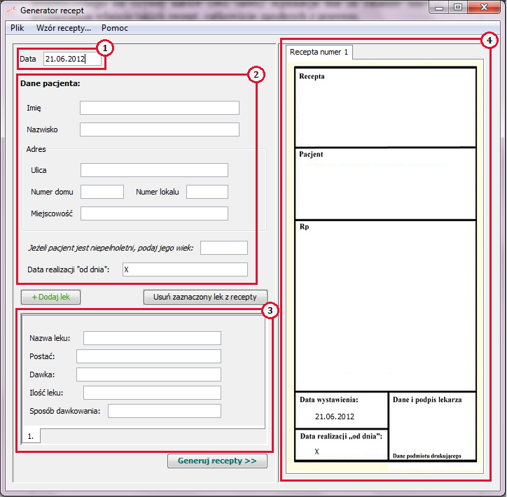 - data wystawienia recepty, po uruchomieniu w polu znajduje się domyślnie bieżąca data, która może być dowolnie zmieniona, ale zostanie przywrócona po użyciu czyszczenia formularza, - pola