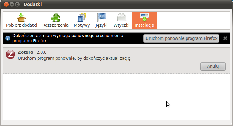 Rysunek 3. Monit o ponowne uruchomienie programu firefox Rysunek 4. Przykłady ikon informujących o obecności danych bibliograficznych na stronie. 3.6. Instalacja dodatku Zotero do OpenOffice.org 1.