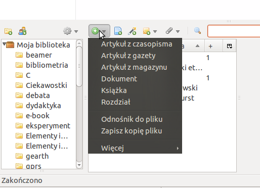Rysunek 5. Wybór typu dodawanej pozycji Po wpisaniu tekstu Pierwszy raz o dodatku do przeglądarki firefox o nazwie Zotero przeczytałem na blogu Pawła Wimmera klikamy myszą w ikonkę.