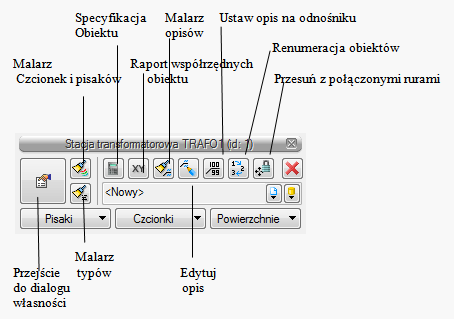 Wstaw słup energetyczny Wstaw rurę osłonową Wstaw punkt geodezyjny Wstaw schemat ideowy Generuj raport Generuj zestawienie materiałów Wstaw zestawienie materiałów wybranych elementów Wstaw wykaz