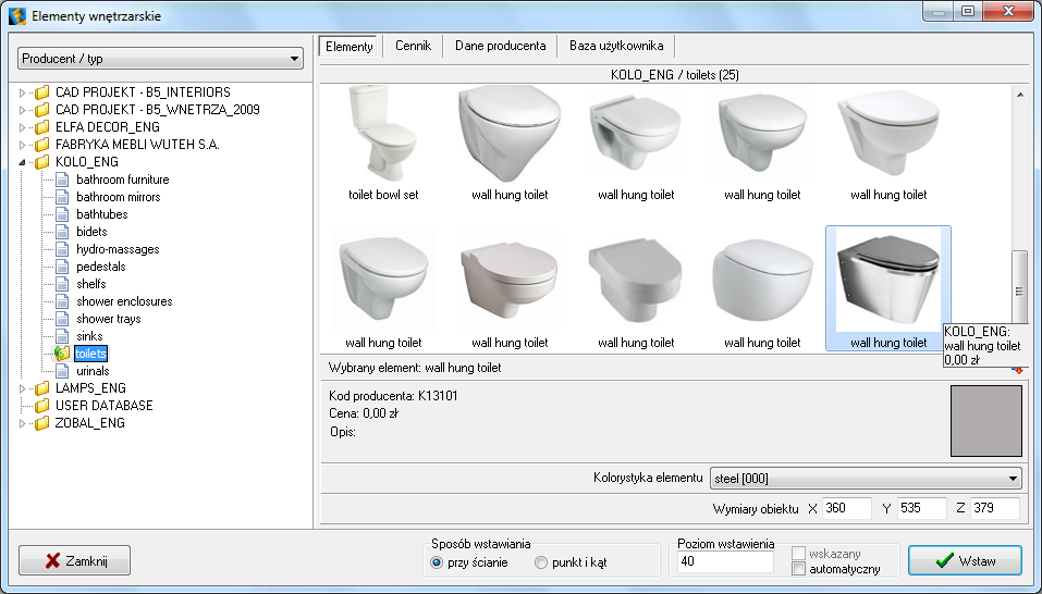 ROZDZIAŁ 12 Wstawianie elementów wyposażenia wnętrz 1. Uwagi wstępne Program CAD Decor został zaopatrzony w bazy modeli 3D wyposażenia łazienek, pokoi, biur oraz innych pomieszczeo.