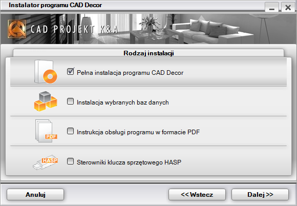 Po zatwierdzeniu warunków umowy licencyjnej i wybraniu przycisku Dalej >> w następnym oknie dialogowym należy dokonad się wyboru rodzaju instalacji (rys. 7).