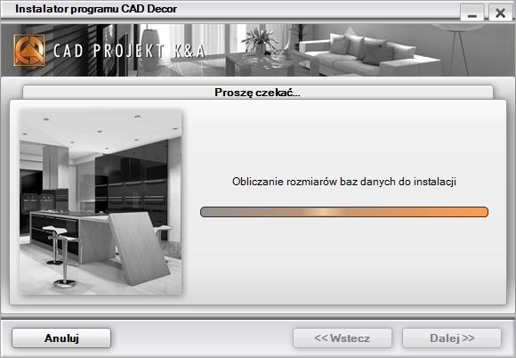 Przebieg pełnej instalacji programu CAD Decor Po zaznaczeniu pierwszej opcji instalacji ( Pełna instalacja programu CAD Decor ) i wybraniu przycisku Dalej >> program dokona obliczenia rozmiaru baz