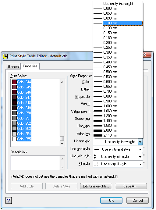 CAD Decor 2.0 Instrukcja obsługi w nowo otwartym oknie dialogowym o nazwie Print Style Table Editor default.ctb (pl.: tabela edytora stylu wydruku) (rys.