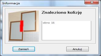 należy nacisnąd przycisk Wstaw okno/drzwi zostanie wstawione do projektu; jeśli któryś z parametrów okna został podany nieprawidłowo, w wyniku czego pokrywa się ono z przestrzenią zajmowaną już przez