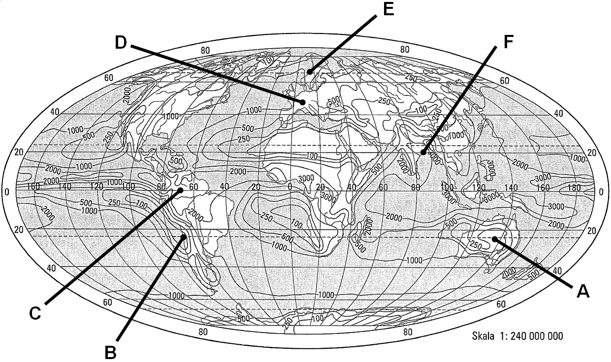 Zadanie 11. 0 3 p. Na mapie rocznych sum opadów atmosferycznych literami od A do F oznaczono wybrane obszary.