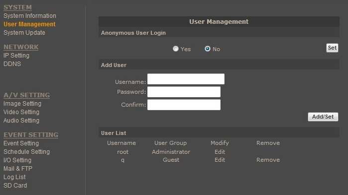 NVIP-TDN3401H/IR/MPX2.0 User s manual ver.1.0 WWW INTERFACE - WORKING WITH IP CAMERA b. User management - tab responsible for adjusting user parameters, add new ones or delete existing.