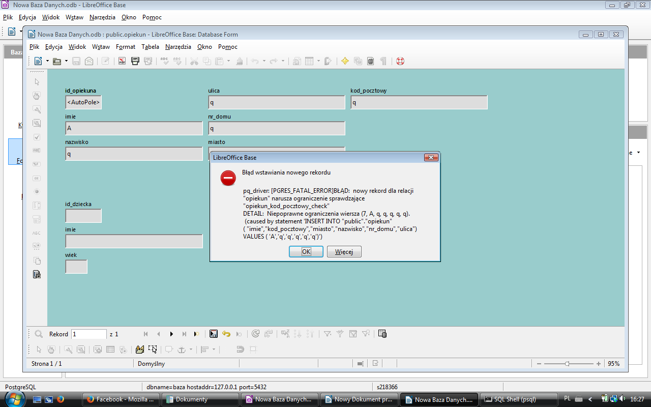 Przykład zastosowania interfejsu graficznego (LibreOffice Base): Wyzwalacz: dziecko nie może mieć