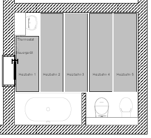 Przykład 4: Montaż mat grzewczych pod płytkami Schemat konstrukcji podterakotowego ogrzewania podłogowego w systemie M-Therm 1. Posadzka 2. Dolna warstwa kleju 3. M-Therm mata grzewcza 4.
