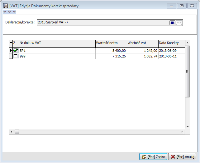 Po wybraniu opcji Wybierz dokumenty sprzedaży dla korekt wyświetlana jest lista dokumentów sprzedaży mogących wywołać korektę na deklaracji VAT.
