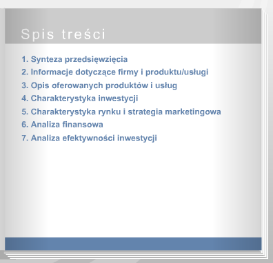 Budowa biznesplanu 1. Synteza przedsięwzięcia - pozwala zainteresowanym zapoznać się z przedmiotem projektu. (napisana na końcu wieńczy pracę nad biznesplanem) Ważne!