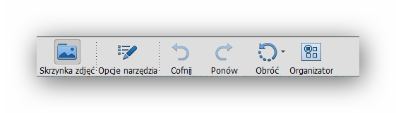 Dolna część okna zawiera SKRZYNKĘ ZDJĘĆ a po wybraniu narzędzia zmienia się w panel OPCJE NARZĘDZIA.