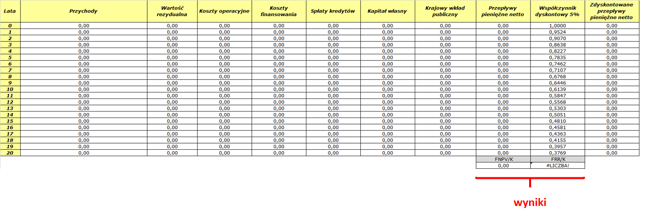 przychody, wartość rezydualna, koszty operacyjne, koszty finansowania, spłaty kredytów, kapitał własny, krajowy wkład publiczny.