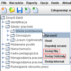 usunięcie szkoły - na drzewku należy po rozwinięciu zakładki Szkoły i placówki wybrać zakładkę z nazwą szkoły do usunięcia i prawym klawiszem myszy uaktywnić funkcję Usuń, dopełnienie zerami pustych