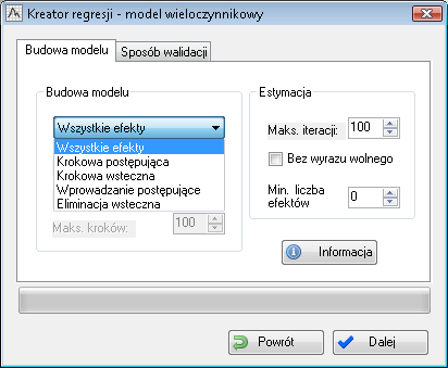 Budowa modelu wieloczynnikowego Kliknięcie przycisku Dalej w oknie Regresja liniowa analiza jednoczynnikowa spowoduje wyświetlenie okna Kreator regresji model wieloczynnikowy, w którym możemy