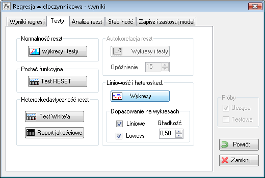 Użytkownik może również ocenić współzmienność analizowanych cech za pomocą szeregu miar (między innymi czynnika inflacji wariancji VIF), klikając przycisk Korelacje cząstk.