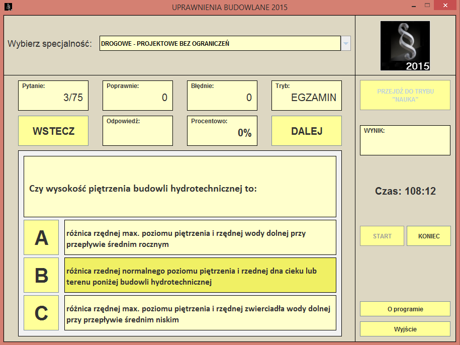 Po wyborze specjalności możemy przystąpić do rozwiązywania egzaminu klikając na przycisk START (wtedy automatycznie ruszy zegar odliczający czas trwania egzaminu).