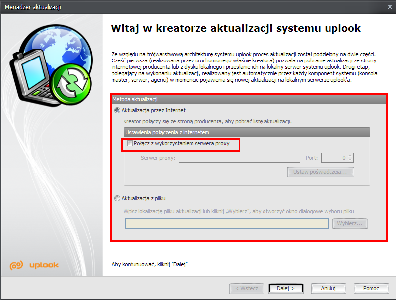 Aktualizacja systemu UPLOOK / STATLOOK SCENARIUSZ NR1 (Komputer z zainstalowaną konsolą Master ma dostęp do Internetu) 1.
