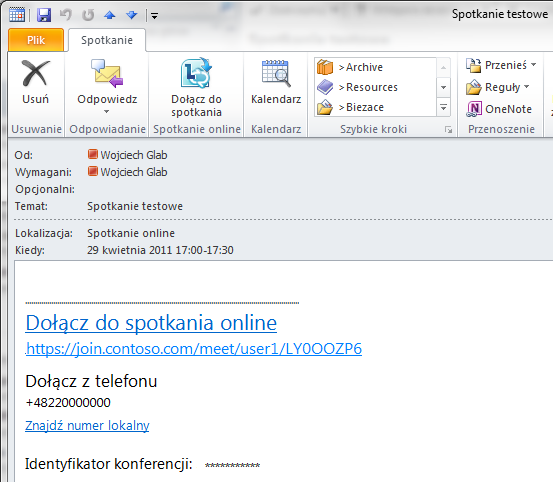 Dołączanie do telekonferencji Lync 2010 pozwala na wiele sposobów dołączyć do zaplanowanej konferencji: korzystając z okna przypomnienia o spotkaniu, z maila z zaproszeniem na spotkanie lub też