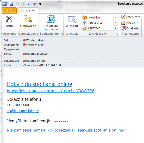Zaproszenie na spotkanie online Wiadomość pocztowa z zaproszeniem na spotkanie online umożliwia dołączenie do konferencji na różne sposoby: Odnośnik Dołącz do spotkania online.