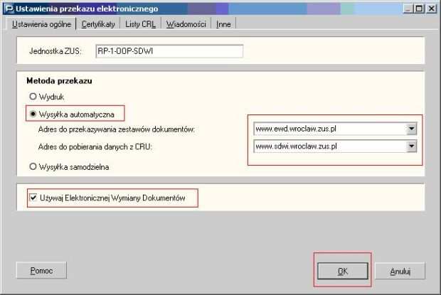 1. zaznaczyć pole Wysyłka automatyczna, 3.1.2. wybrać z rozwijanej listy Adres do przekazywania zestawów dokumentów, 3.1.3. wybrać z rozwijanej listy Adres do pobierania danych z CRU, 3.1.4.