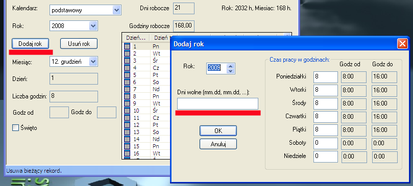 3. Kolejnym krokiem będzie zdefiniowanie roku 2009 we wszystkich istniejących kalendarzach czasu pracy. W tym celu otwieramy okno słowniki-rozliczanie czasu pracykalendarze-dni kalendarza.