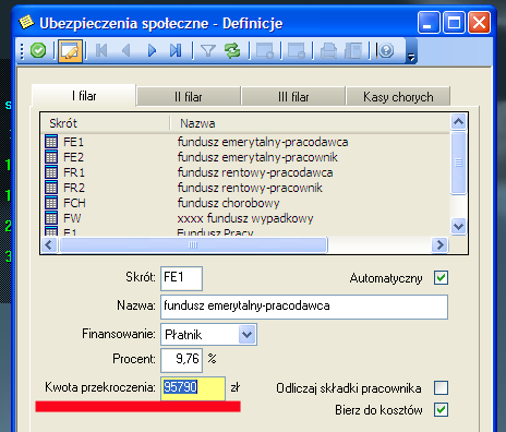 Kolejny zmieniany element programu to kwota ograniczenia składek ZUS: Administracja-Ubezpieczenia-Definicje następnie w otwartym okienku kolejno dla