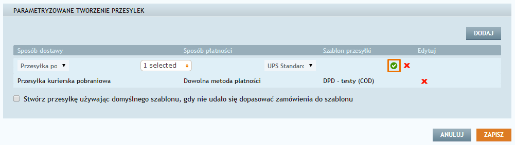 9.2 Parametryzowane tworzenie przesyłek Opcja Parametryzowane tworzenie przesyłek pozwala powiązać metody dostawy dostępne w sklepie Allegro z szablonami istniejącymi na platformie Sheepla.