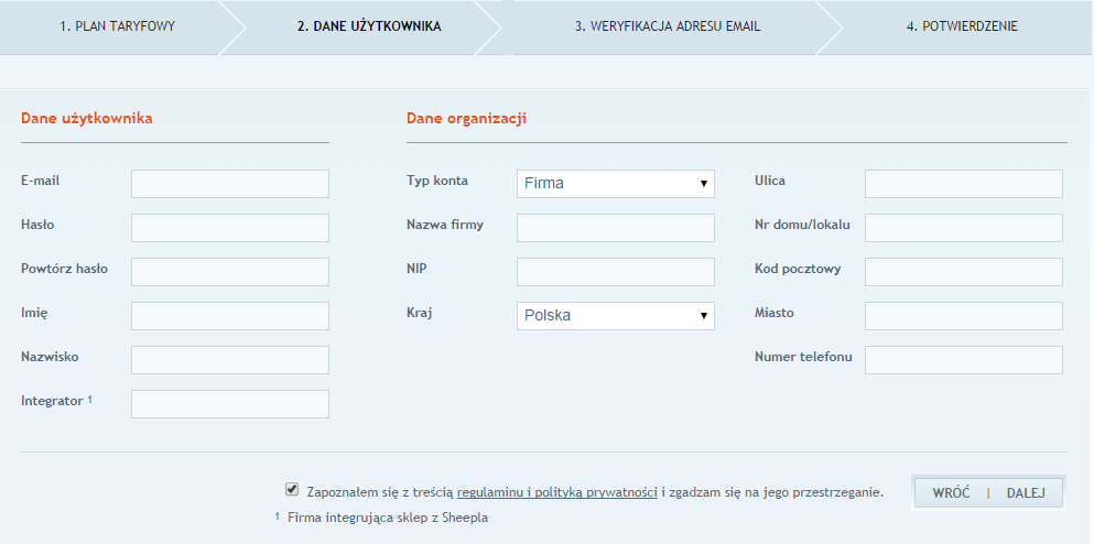 2. Rejestracja i wybór planu taryfowego Krok 1 Wchodzimy na stronę http://sheepla.pl/cennik i wybieramy Plan Taryfowy dostosowany do miesięcznego wolumenu przesyłek.